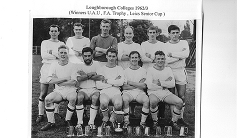 
An image of 11 men from the 1962-1963 Loughborough Colleges team sitting down and posing wit their arms crossed.